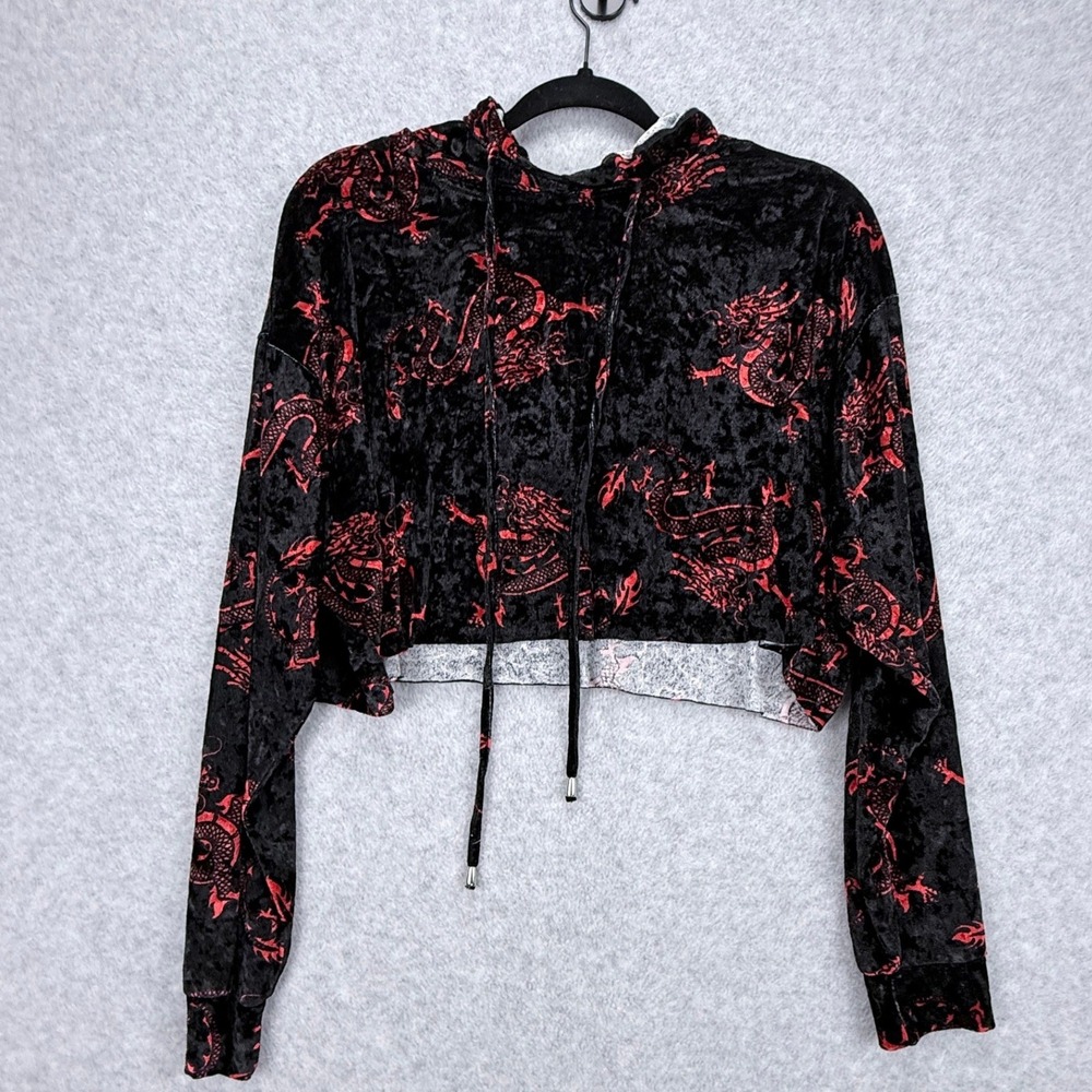 Bear Dance Crop Hoodie Women M Black Red Dragon Velvet Grunge, Streetwear, Y2K